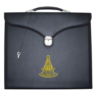 UK EMPIRE GROUP Masonic Apron Case Leather Past Master (Machine Embroidered): MM, Provincial Size | Freemason Carrying Bags (Gold)