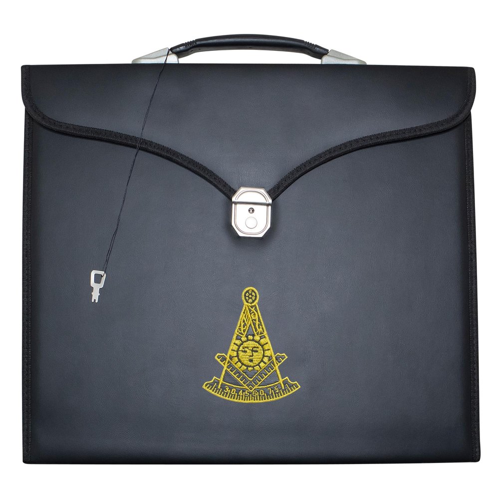 UK EMPIRE GROUP Masonic Apron Case Leather Past Master (Machine Embroidered): MM, Provincial Size | Freemason Carrying Bags (Gold)