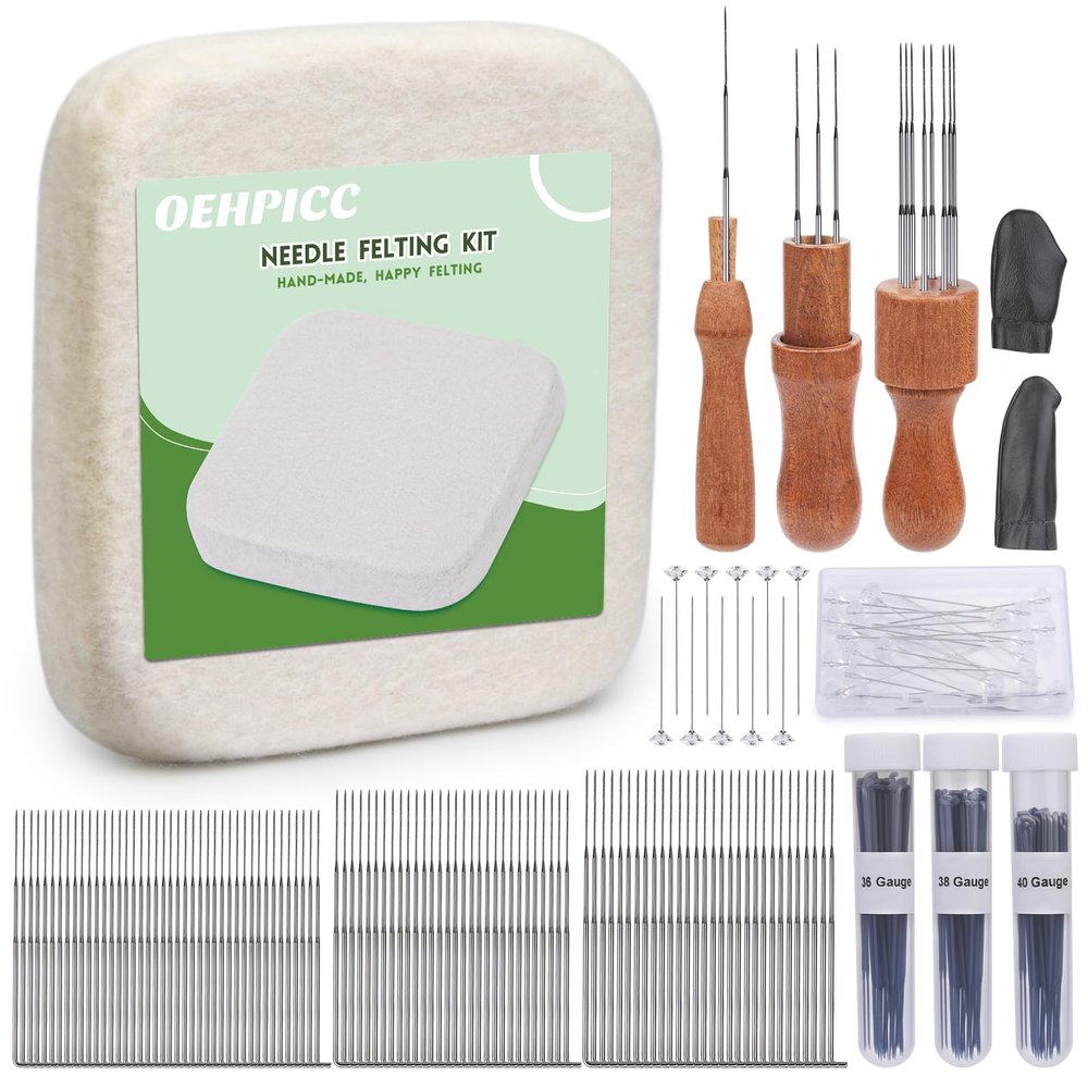 OEHPICC 128 Pcs Needle Felting Tool Kit, 66 Inch Wool Felting Pad, with 102 Pcs Felting Needles Kit, Felting Tools with 3 Size Wooden Handle Holder for DIY Wool Felting Projects