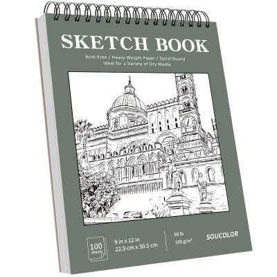 Soucolor 9" x 12" Sketch Book, 1-Pack 100 Sheets Spiral Bound Art Sketchbook, Acid Free (68lb/100gsm) Artist Drawing Book Paper Painting Sketching Pad, College Essentials