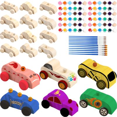 Feradny 42 Pcs Unfinished Wooden Cars Include 18 Wood DIY Car Toys Wood Car Crafts Painting with 24 Painting Tools for Kids Home Activities Arts Crafts Projects Easy Woodworking Party Favors