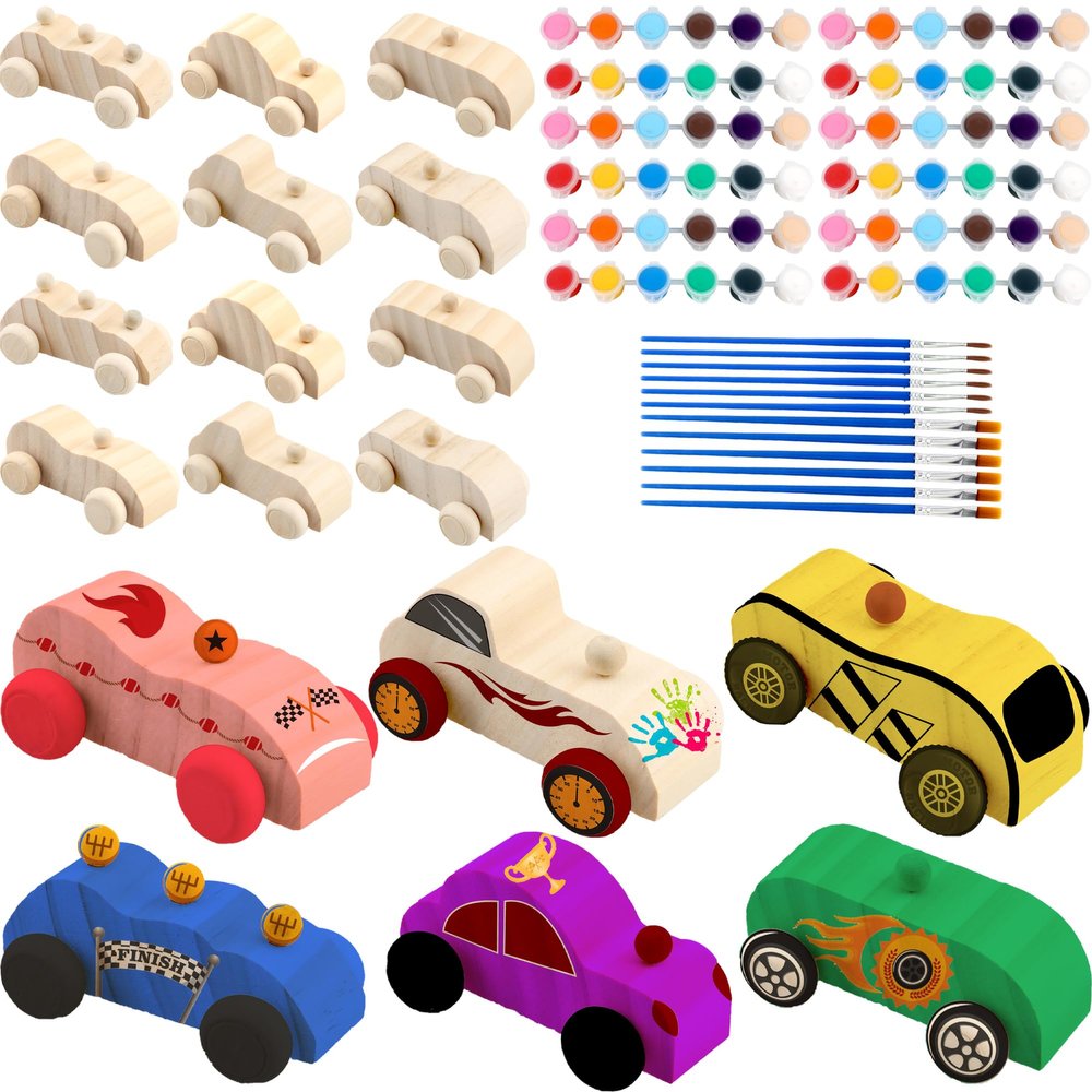 Feradny 42 Pcs Unfinished Wooden Cars Include 18 Wood DIY Car Toys Wood Car Crafts Painting with 24 Painting Tools for Kids Home Activities Arts Crafts Projects Easy Woodworking Party Favors