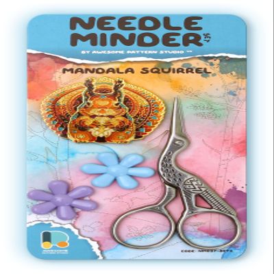 Awesome Pattern Studio Needle Minder Set - Mandala Squirrel Magnetic Needle Minder + 2 Needle Threaders. Enamel Pin for Cross Stitch, Embroidery and Craft