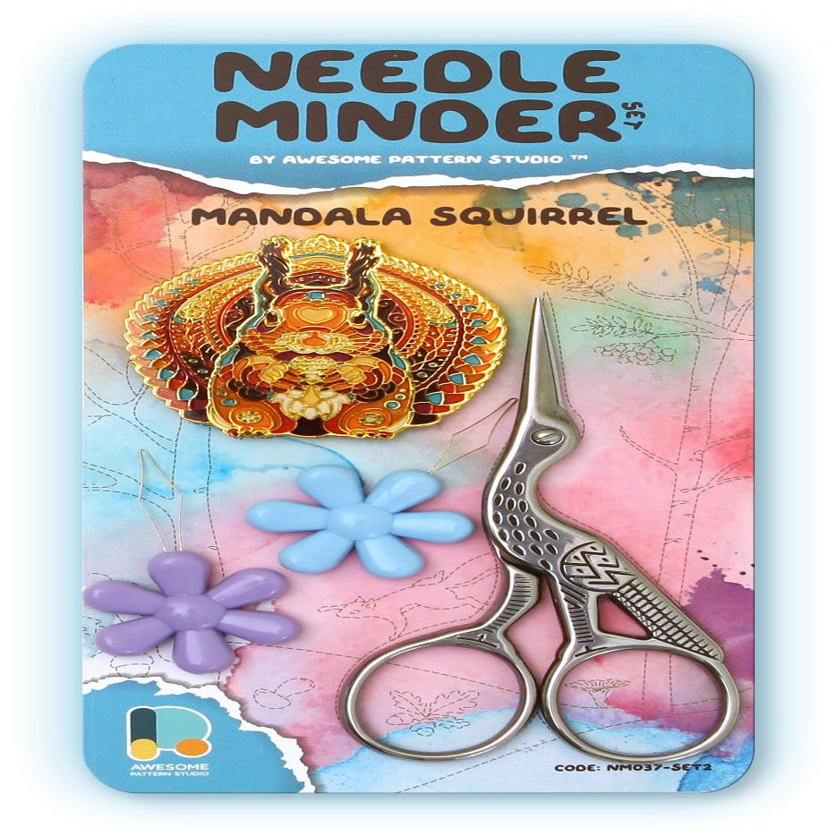 Awesome Pattern Studio Needle Minder Set - Mandala Squirrel Magnetic Needle Minder + 2 Needle Threaders. Enamel Pin for Cross Stitch, Embroidery and Craft