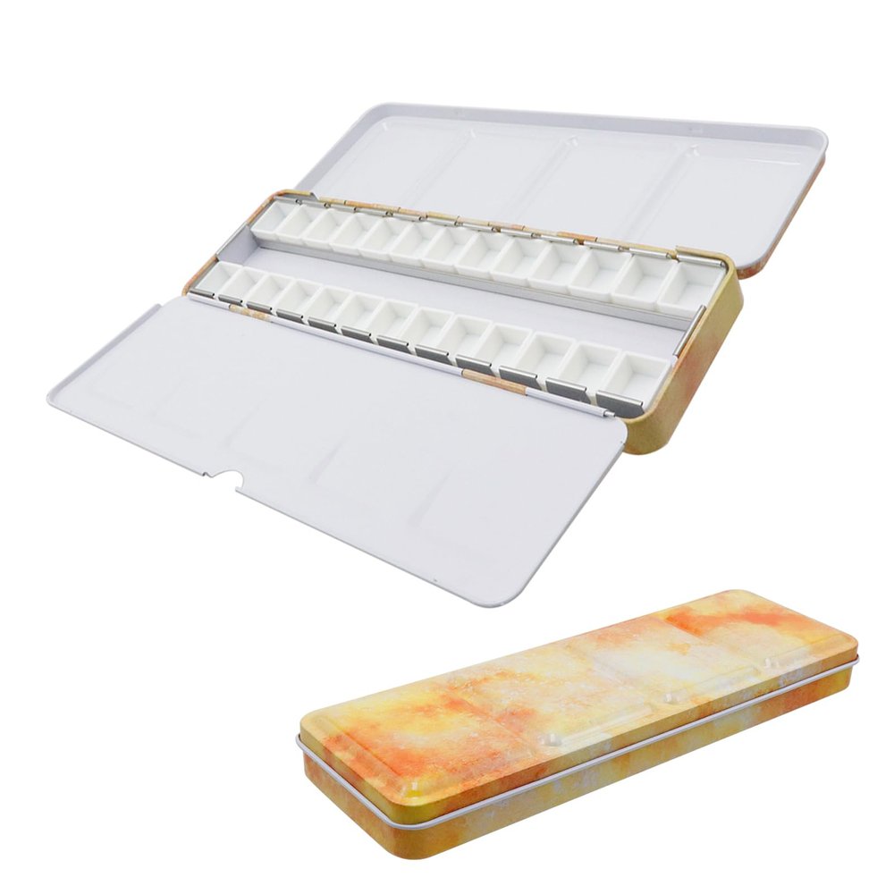 Bitray Empty Watercolor Palette Medium Metal Pigment Palette with 26 Empty Half Pans and Folded Palettes for Drawing Gouache Oil Painting and DIY Painting Yellow