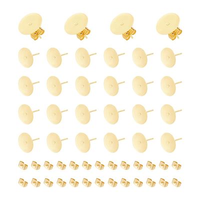 UNICRAFTALE 50Pcs Earring Posts 24K Gold Plated Stud Earring Findings 12mm Flat Pad Earring Studs and 50Pcs Ear Backs Stainless Steel Flat Back Blank Earring Studs Earring for DIY Jewellery Making