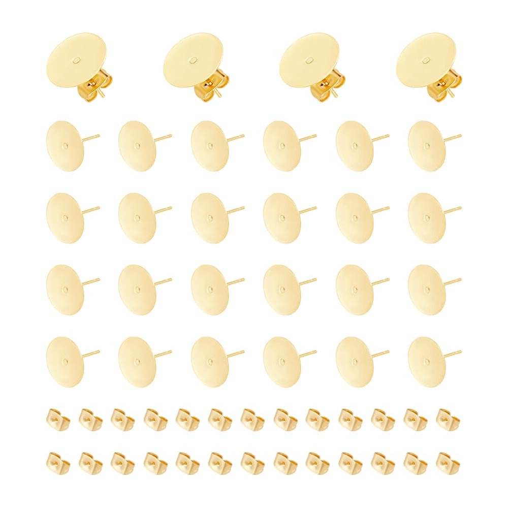 UNICRAFTALE 50Pcs Earring Posts 24K Gold Plated Stud Earring Findings 12mm Flat Pad Earring Studs and 50Pcs Ear Backs Stainless Steel Flat Back Blank Earring Studs Earring for DIY Jewellery Making