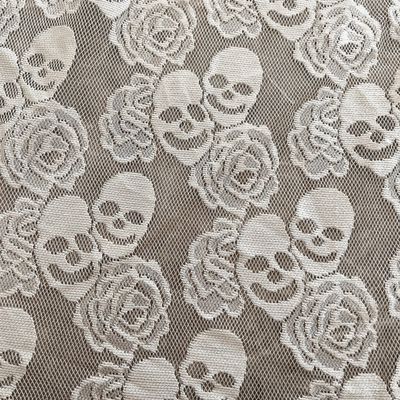 59 Inch Black Skull Lace Fabric, Rose Floral Lace for DIY Party Covers, Curtains, Tablecloths, Halloween Decorations (White, 2 Yards (59 x 70 in))