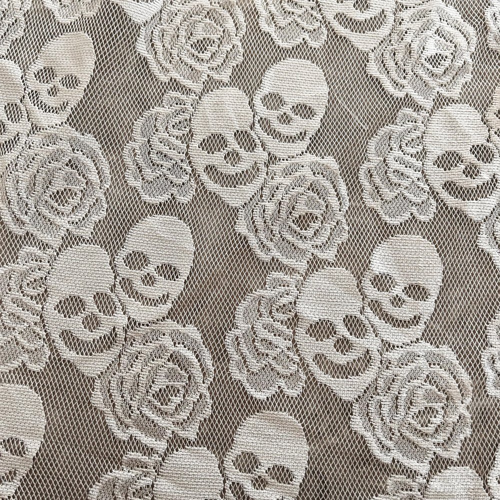 59 Inch Black Skull Lace Fabric, Rose Floral Lace for DIY Party Covers, Curtains, Tablecloths, Halloween Decorations (White, 2 Yards (59 x 70 in))