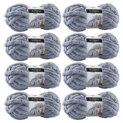 BAYEXY Chunky Chenille Yarn for Hand Knitting 8 Jumbo Pack Jumbo Chunky Yarn for Hand Soft Blanket Knitting, Bulky Thick Fluffy Yarn for Crocheting (Medium Gray)