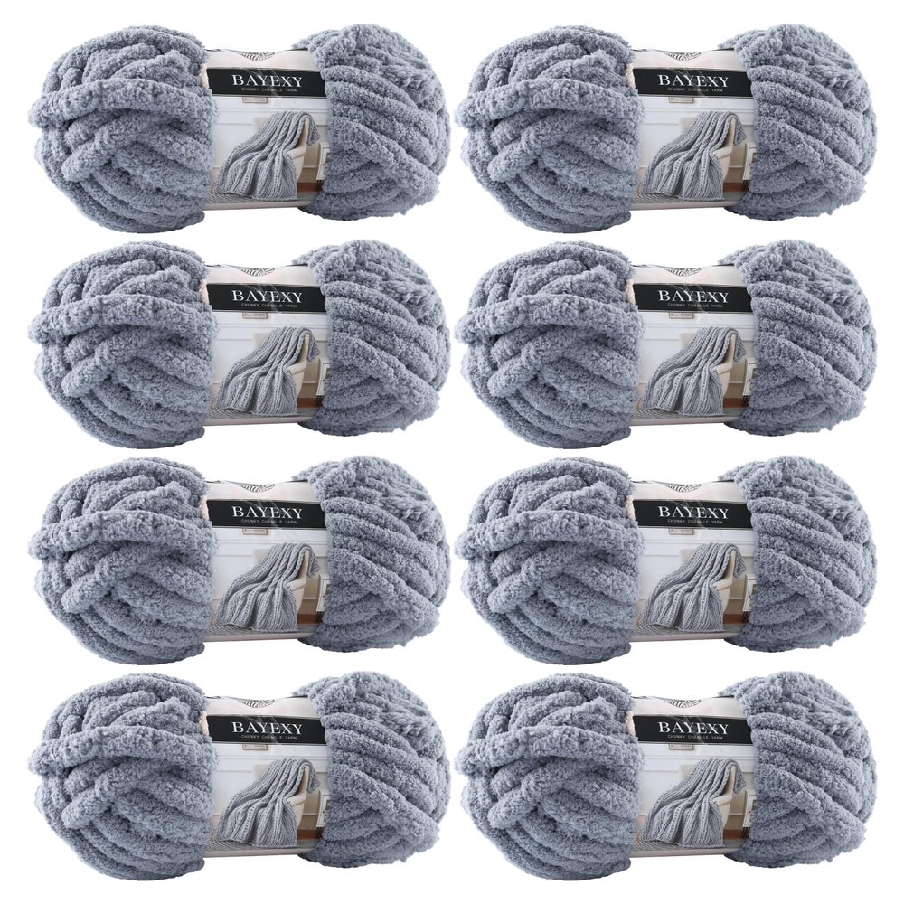 BAYEXY Chunky Chenille Yarn for Hand Knitting 8 Jumbo Pack Jumbo Chunky Yarn for Hand Soft Blanket Knitting, Bulky Thick Fluffy Yarn for Crocheting (Medium Gray)