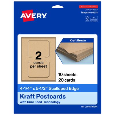 Avery Printable Rectangle Scalloped Postcards, Sure Feed Technology, 4.25" x 5.5", Kraft Brown Cardstock, Print-To-The-Edge, Laser/Inkjet Cards, 20 Total