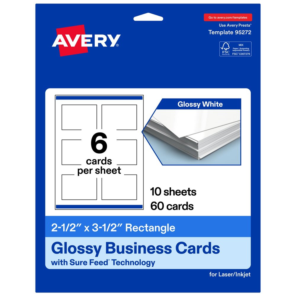 Avery Printable Rectangle Business Cards, Sure Feed Technology, 2.5" x 3.5", Glossy White Cardstock, Print-to-the-Edge, Laser/Inkjet Cards, 60 Total