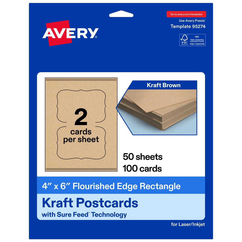 Avery Printable Rectangle Flourished Edge Postcards, Sure Feed Technology, 4" x 6", Kraft Brown Cardstock, Print-To-The-Edge, Laser/Inkjet Cards, 100 Total