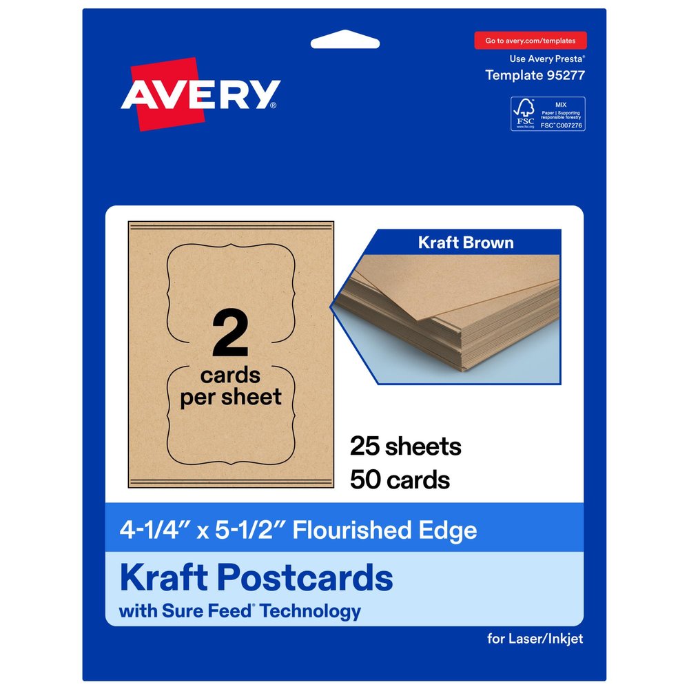 Avery Printable Rectangle Flourished Edge Postcards, Sure Feed Technology, 4.25" x 5.5", Kraft Brown Cardstock, Print-To-The-Edge, Laser/Inkjet Cards, 50 Total