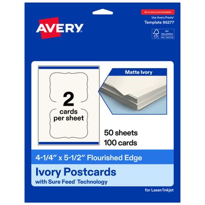 Avery Printable Rectangle Flourished Edge Postcards, Sure Feed Technology, 4.25" x 5.5", Ivory Cardstock, Print-To-The-Edge, Laser/Inkjet Cards, 100 Total