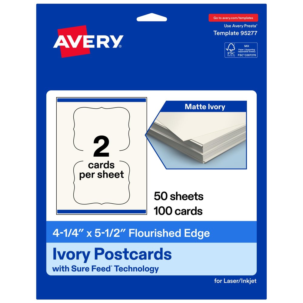Avery Printable Rectangle Flourished Edge Postcards, Sure Feed Technology, 4.25" x 5.5", Ivory Cardstock, Print-To-The-Edge, Laser/Inkjet Cards, 100 Total