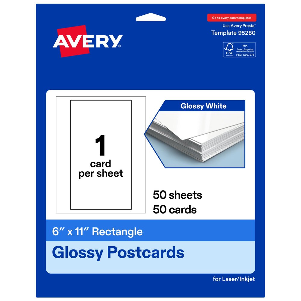 Avery Printable Rectangle Postcards, 6" x 11", Glossy White Cardstock, Laser/Inkjet Cards, 50 Total