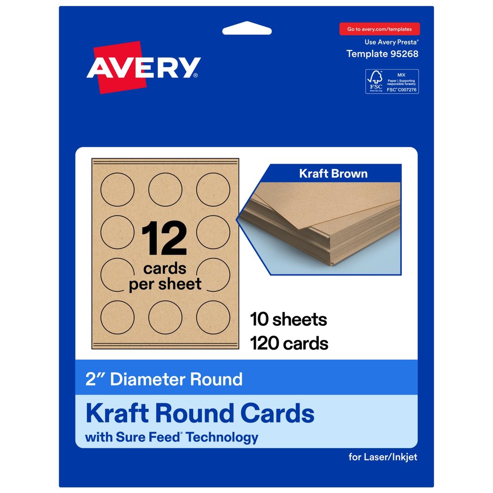 Avery Printable Round Business Cards, Sure Feed Technology, 2" Diameter, Kraft Brown Cardstock, Print-to-the-Edge, Laser/Inkjet Cards, 120 Total