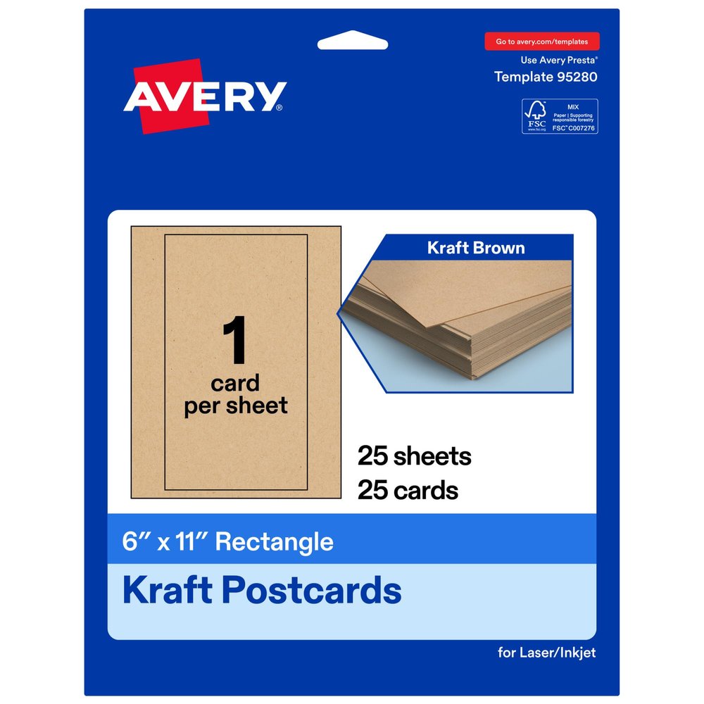 Avery Printable Rectangle Postcards, 6" x 11", Kraft Brown Cardstock, Laser/Inkjet Cards, 25 Total