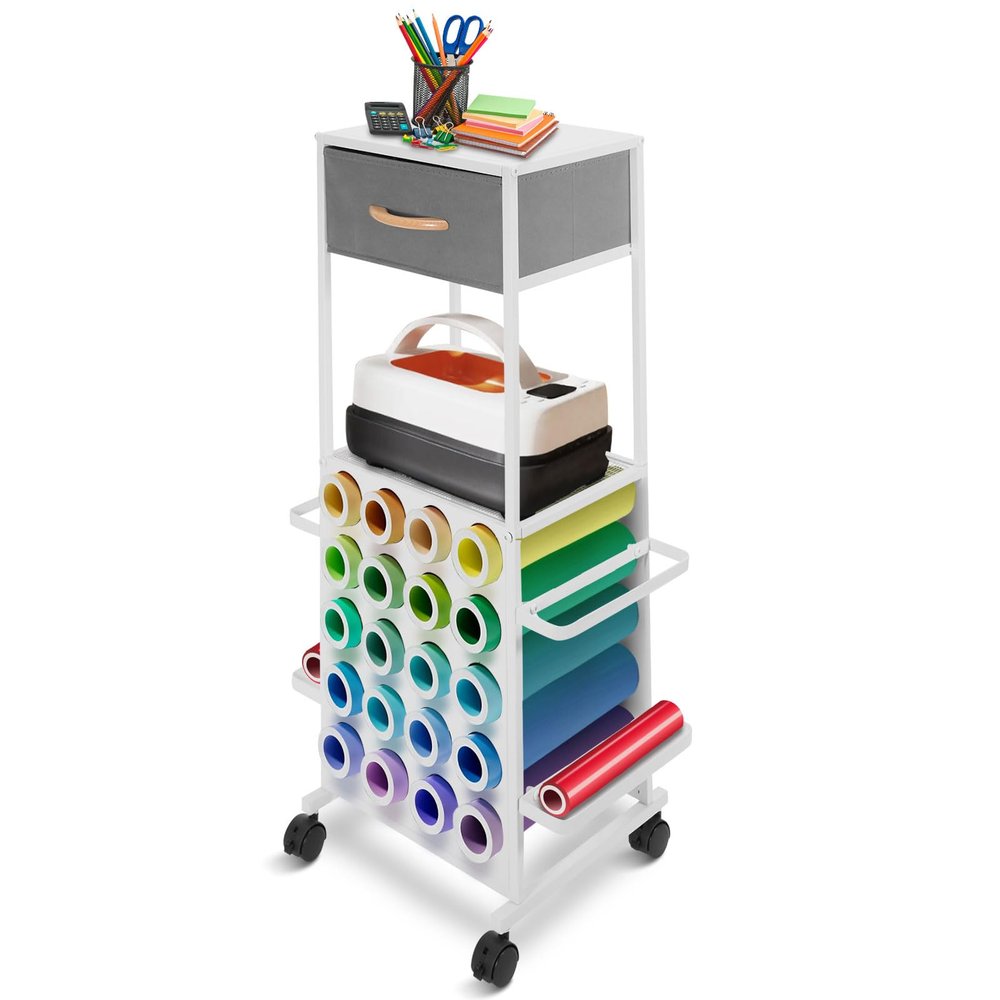 GENMOUS 3 Drawer Mobile File Fabric Cabinet, Craft Storage Cart, Rolling Printer Stand with Open Storage Shelf Heat Press Table, Vinyl Rolls Holder, Metal Hook for Room Home Office (Small Size)