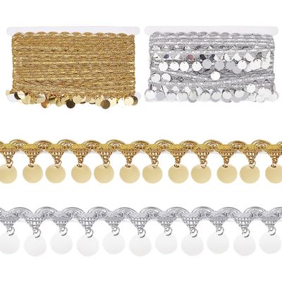 WEBEEDY 20 Yard Sequin Tassel Trim 3.5 cm/1.4 Inch Wide Sequin Round Gold Silver Fringe Lace Trim for Christmas Decoration Garments Accessories Gift Wrapping DIY Making Crafts,2 Color
