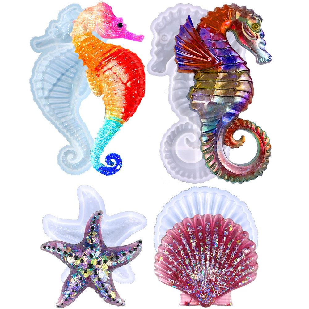 4PCS Ocean Animal Resin Molds, Starfish Seashell Seahorse Silicone Molds for Resin Casting,Wall Hanging, Desktop Ornament Home Decor