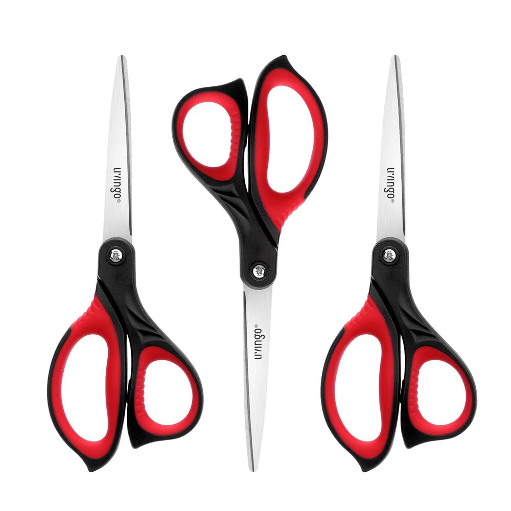 LIVINGO 8.5 Scissors All Purpose - Ultra Sharp Multipurpose 3 Pack Heavy duty Shears for Office, Home, School Sewing and Crafting Cutting Fabric, Paper, Red Comfort Grip