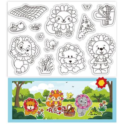 ORIGACH Flower Critters Silicone Clear Stamps for Card Making with Cute Squirrel Elephant Lion Bear for DIY Crafting Scrapbooking Photo Album Journaling Decoration