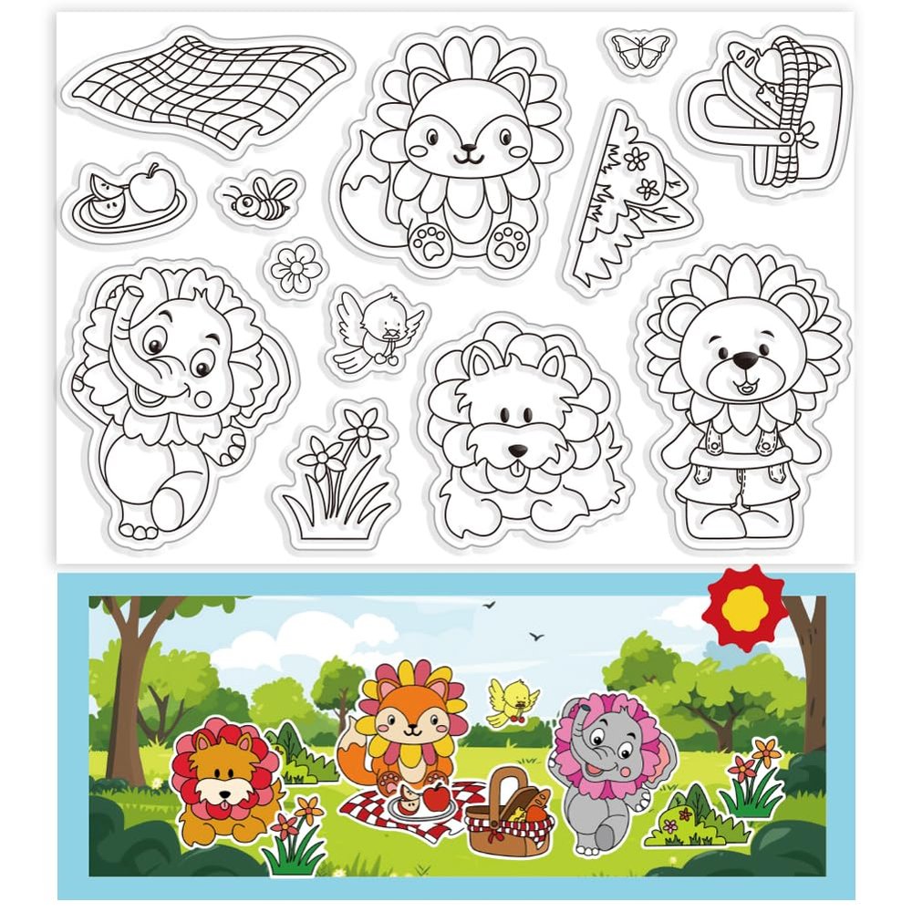 ORIGACH Flower Critters Silicone Clear Stamps for Card Making with Cute Squirrel Elephant Lion Bear for DIY Crafting Scrapbooking Photo Album Journaling Decoration