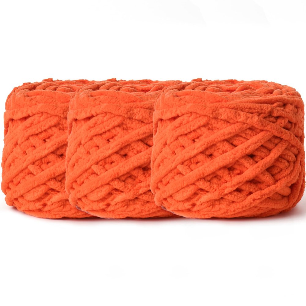 3 Pack Plush Chenille Chunky 100g (49.2yd) - Fluffy Velvet Yarn for Crochet, Knitting and Amigurumi - Baby Yarn in Orange
