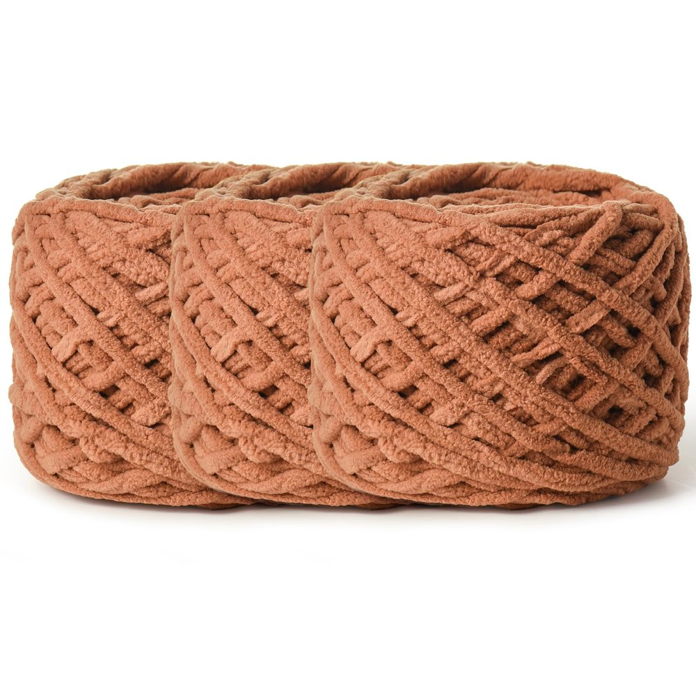 3 Pack Fluffy Chenille Chunky Yarn for Crocheting 100g(65.6yd) - Baby Yarn for Crocheting Soft - Velvet Yarns for Crochet Blanket - Amigurumi Crochet Yarns (Light Tan)