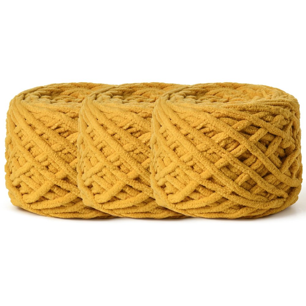 3 Pack Fluffy Chenille Chunky Yarn for Crocheting 100g(65.6yd) - Baby Yarn for Crocheting Soft - Velvet Yarns for Crochet Blanket - Amigurumi Crochet Yarns (Turmeric)