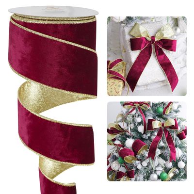 HUIHUANG Burgundy Velvet Wired Ribbon 2.5 inch Maroon Velvet with Gold Glitter Christmas Ribbon for Gift Wrapping, Christmas Tree Decoration, Bows, Wreaths, Garlands- Continuous 10 Yards