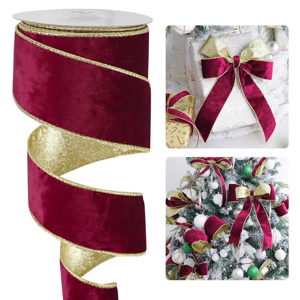 HUIHUANG Burgundy Velvet Wired Ribbon 2.5 inch Maroon Velvet with Gold Glitter Christmas Ribbon for Gift Wrapping, Christmas Tree Decoration, Bows, Wreaths, Garlands- Continuous 10 Yards