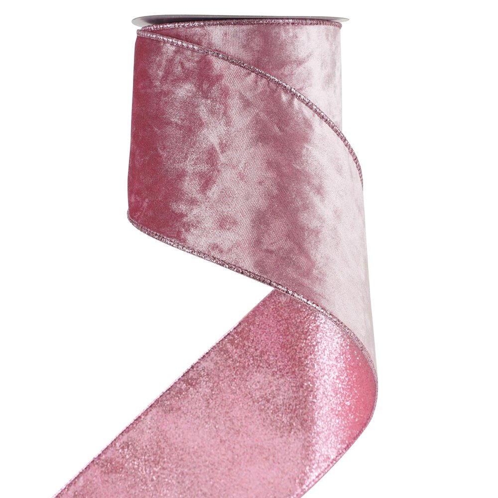 HUIHUANG Pink Velvet Wired Ribbon - 4 inch Light Pink Velvet Ribbon with Glitter, Perfect for Christmas Tree Decorations, Wreaths, Garlands, Large Bows, Home Decor - Continuous 10 Yards