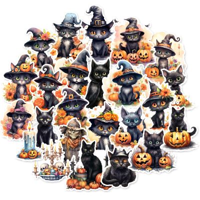 100 Pcs Black Cat and Witch Stickers, Horrible Pumpkin Stickers for Scrapbook, Junk Journal, Collages, Halloween Party Favors, Waterproof Vinyl Sticker for Laptop, Window, Water Bottles