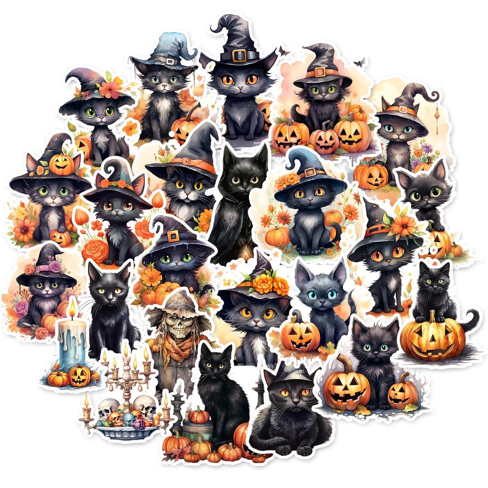 100 Pcs Black Cat and Witch Stickers, Horrible Pumpkin Stickers for Scrapbook, Junk Journal, Collages, Halloween Party Favors, Waterproof Vinyl Sticker for Laptop, Window, Water Bottles