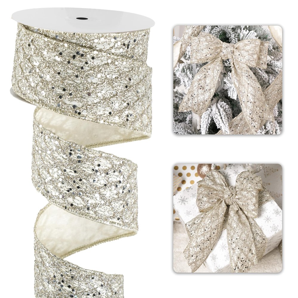 LIZLOVESS Light Champagne Christmas Ribbon 2.5" Glitter Mesh Wired Ribbon for Christmas Tree Platinum Gold Diamond Honeycomb Ribbon for Gift Wrapping, Crafts, Wreath, Garland, Topper Bows - 10 Yards