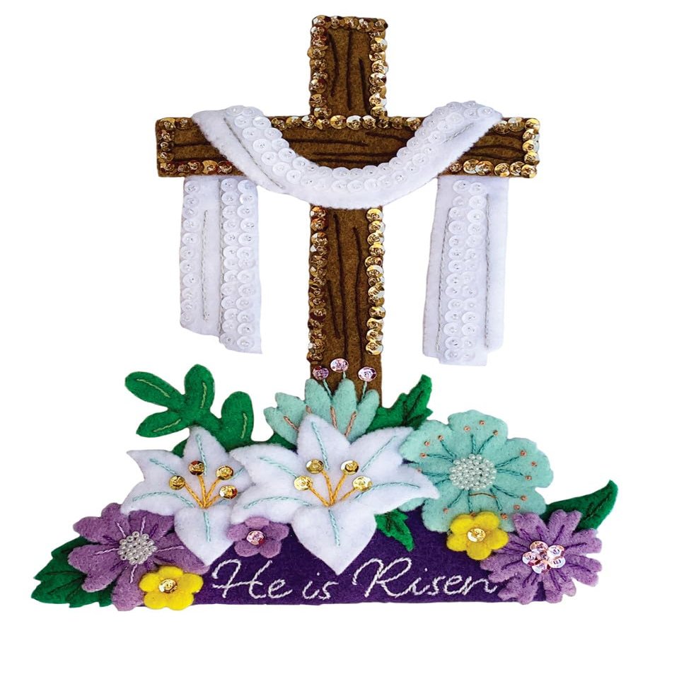 MerryStockings Mantel Series He is Risen Easter Cross Felt Kit DIY Christian Craft with Pre-Stamped Felt, Sequins, Beads & Instructions Handmade Easter Dcor Made in USA