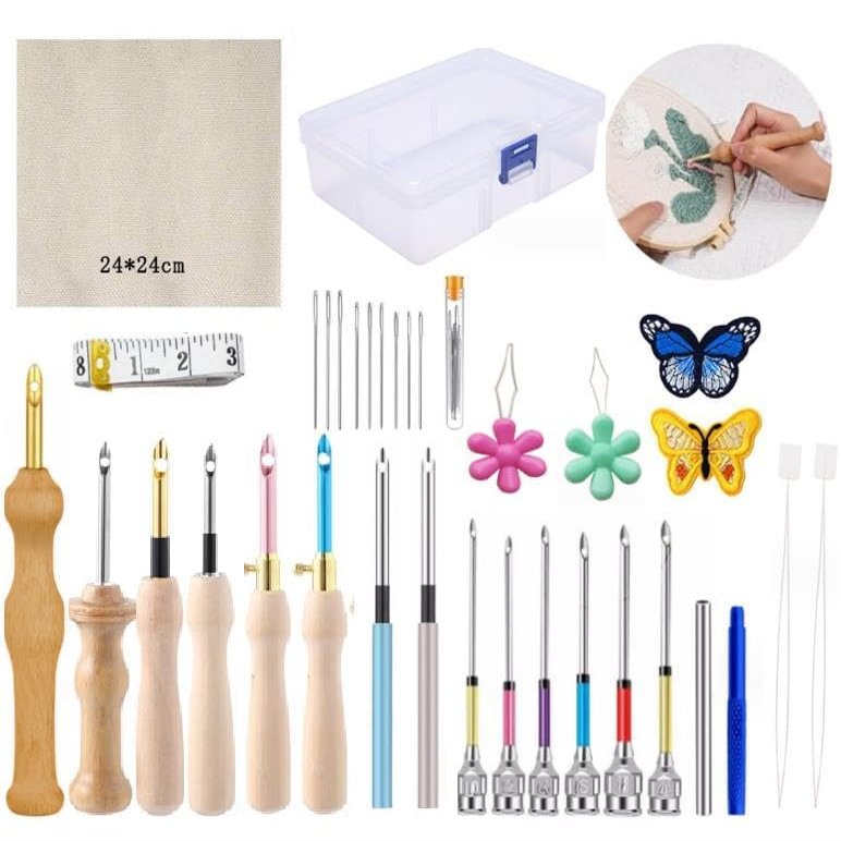 35 Pcs DIY Punch Needle Kits for Beginners with Storage Box, Complete Set for Needle Punching Embroidery Kit Big Eye Needles Punch Crochet Kit Festival Gift and Decoration