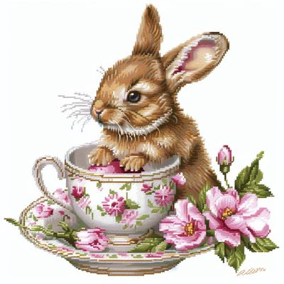 Cute Rabbit in Easter Teacup DIY 11CT Stamped Cross Stitch Kits for Beginners Easy Needlepoint Embroidery Counted Cross Stitch Art Craft for Wall Decoration 16x16inch(2)