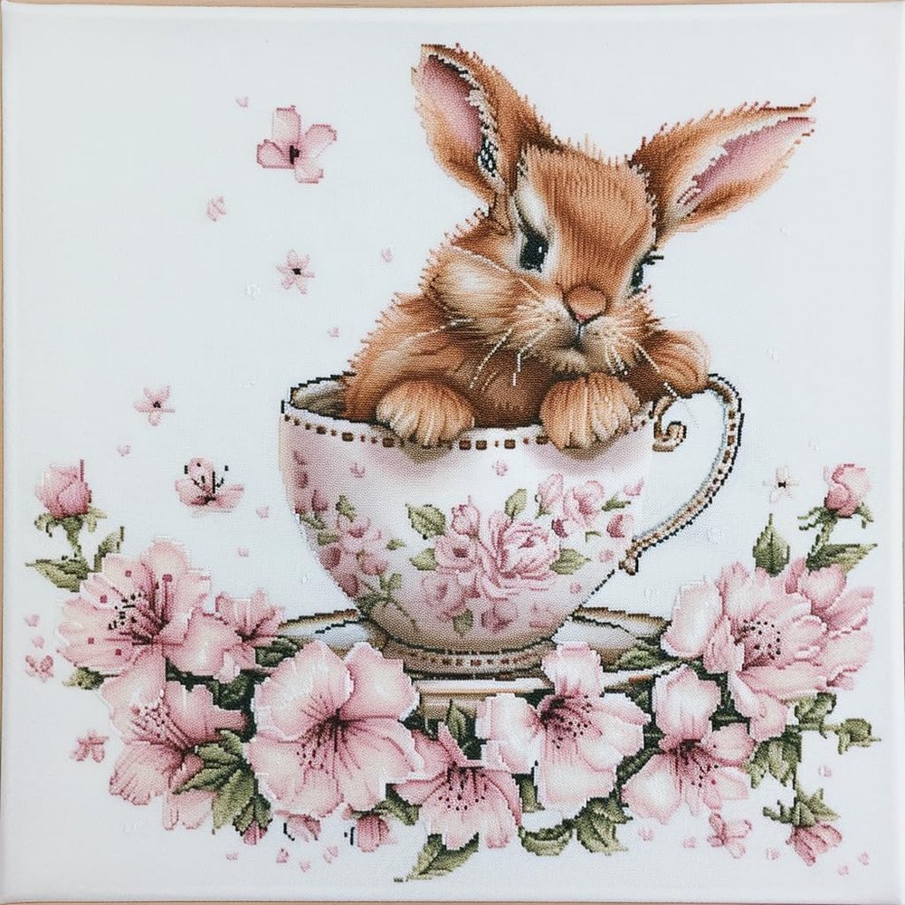 Cute Rabbit in Easter Teacup DIY 11CT Stamped Cross Stitch Kits for Beginners Easy Needlepoint Embroidery Counted Cross Stitch Art Craft for Wall Decoration 14x14inch(3)