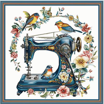 Vintage Sewing Machine and Birds DIY 11CT Stamped Cross Stitch Kits for Beginners Easy Needlepoint Embroidery Counted Cross Stitch Art Craft for Wall Decoration 14x14inch(4)