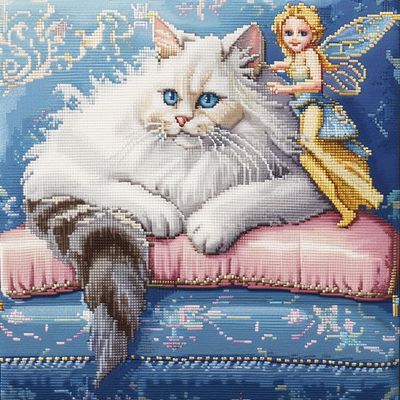 Cute White Cat on Sofa DIY 11CT Stamped Cross Stitch Kits for Beginners Easy Needlepoint Embroidery Counted Cross Stitch Art Craft for Wall Decoration 20x20inch(6)