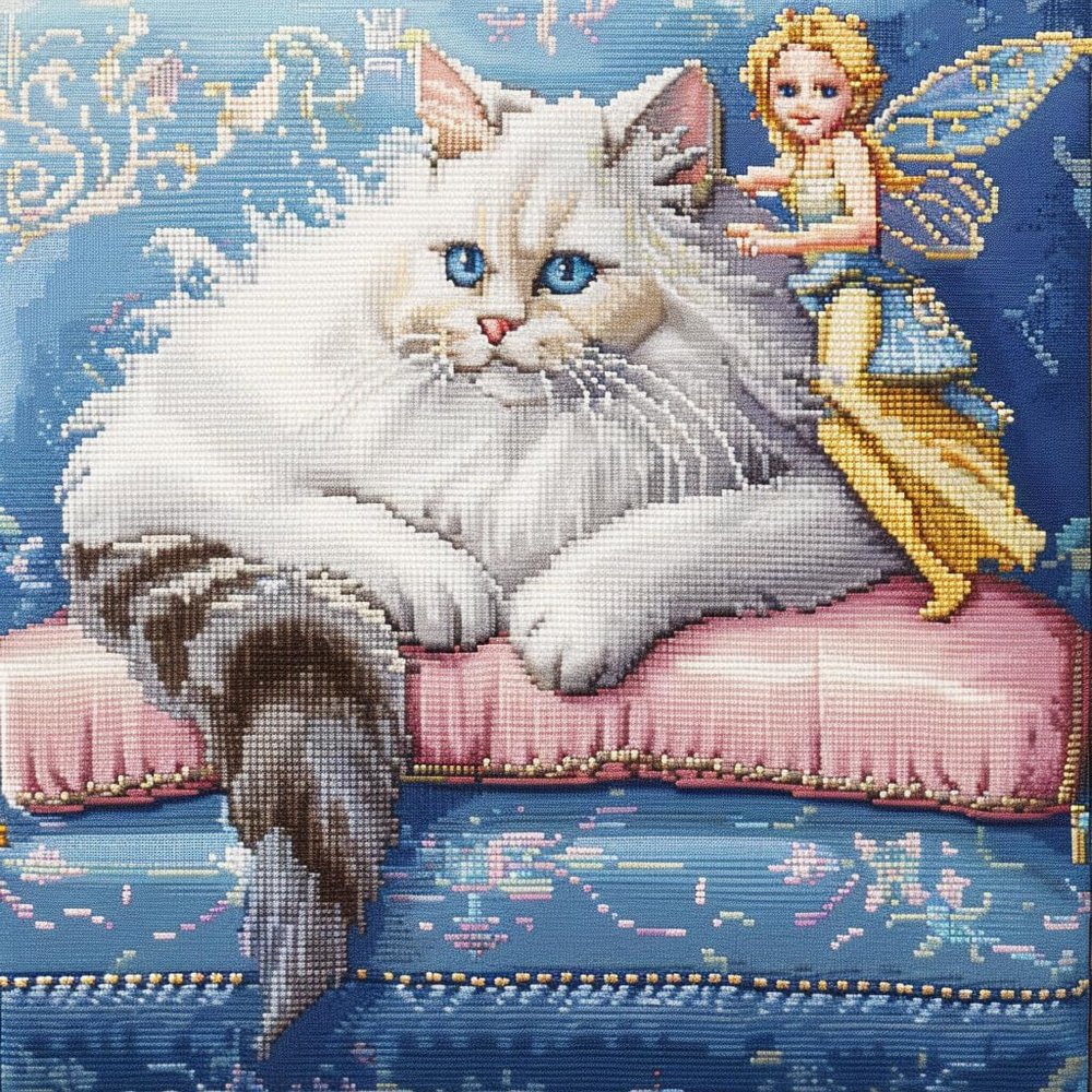 Cute White Cat on Sofa DIY 11CT Stamped Cross Stitch Kits for Beginners Easy Needlepoint Embroidery Counted Cross Stitch Art Craft for Wall Decoration 20x20inch(6)