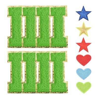 Rebower Chenille Letter Patches, Iron on Letters Patches Alphabet I with Hot Melt adhesive (with Heart Patches, Star Patches), [for Clothing Shoes Hats Backpacks] - 3 Inch/Green / 8Pcs