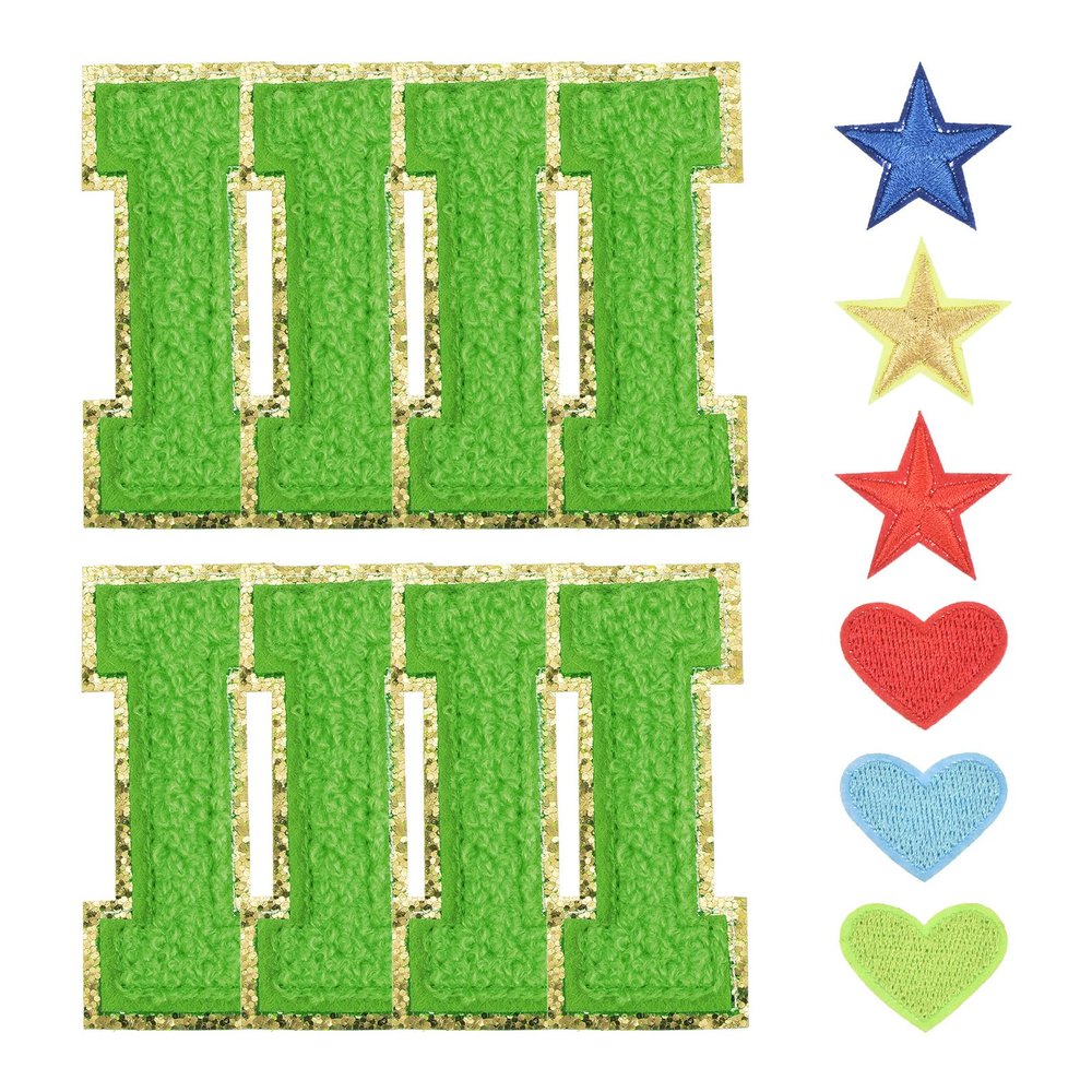 Rebower Chenille Letter Patches, Iron on Letters Patches Alphabet I with Hot Melt adhesive (with Heart Patches, Star Patches), [for Clothing Shoes Hats Backpacks] - 3 Inch/Green / 8Pcs