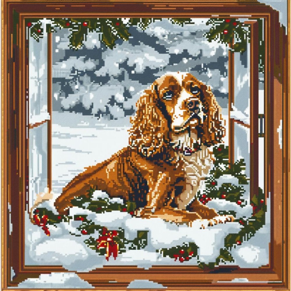 Cocker Spaniel Dog in Window Snow DIY 11CT Stamped Cross Stitch Kits for Beginners Easy Needlepoint Embroidery Counted Cross Stitch Art Craft for Wall Decoration 20x20inch(3)