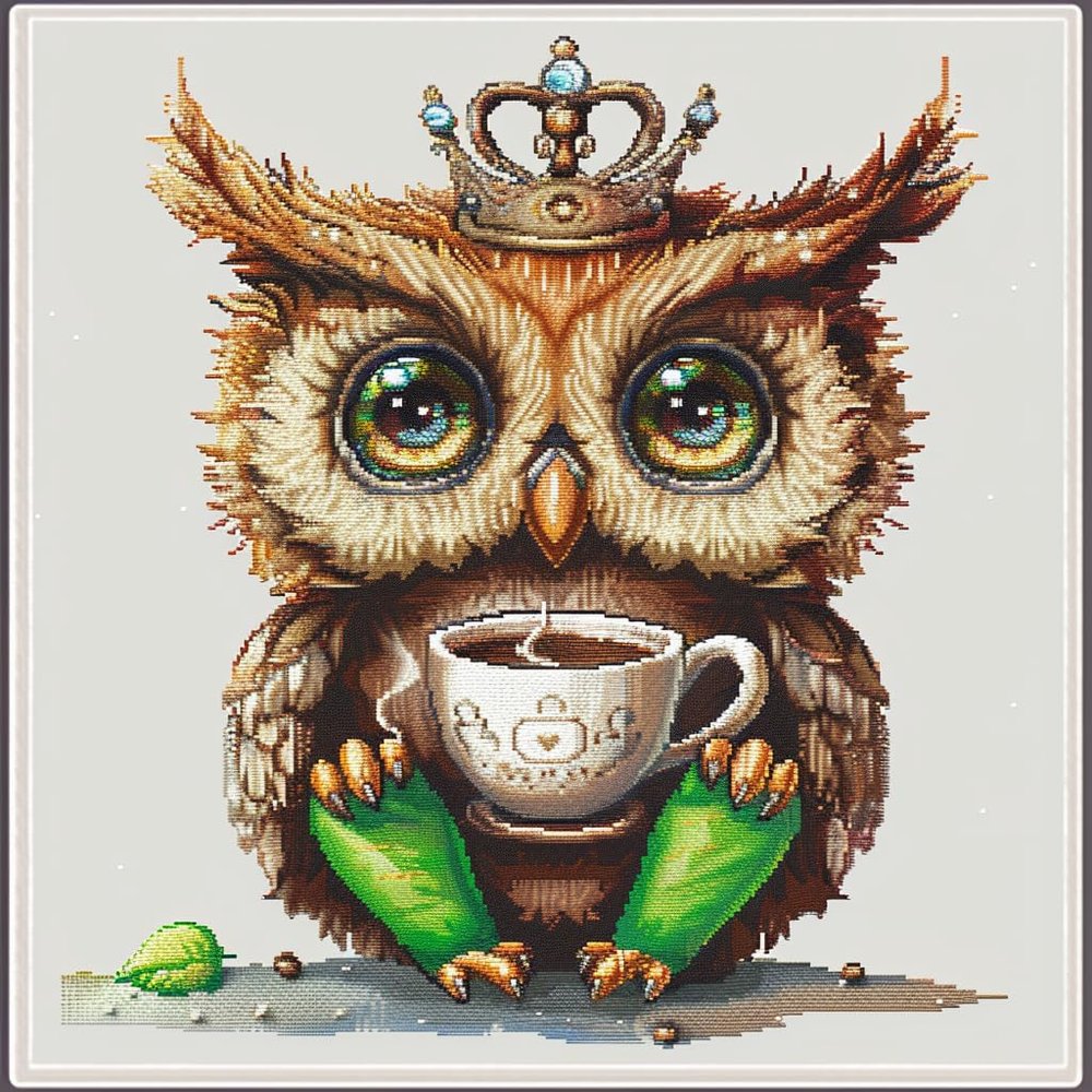 Owl Wear Crown Drink Coffee DIY 11CT Stamped Cross Stitch Kits for Beginners Easy Needlepoint Embroidery Counted Cross Stitch Art Craft for Wall Decoration 14x14inch(1)